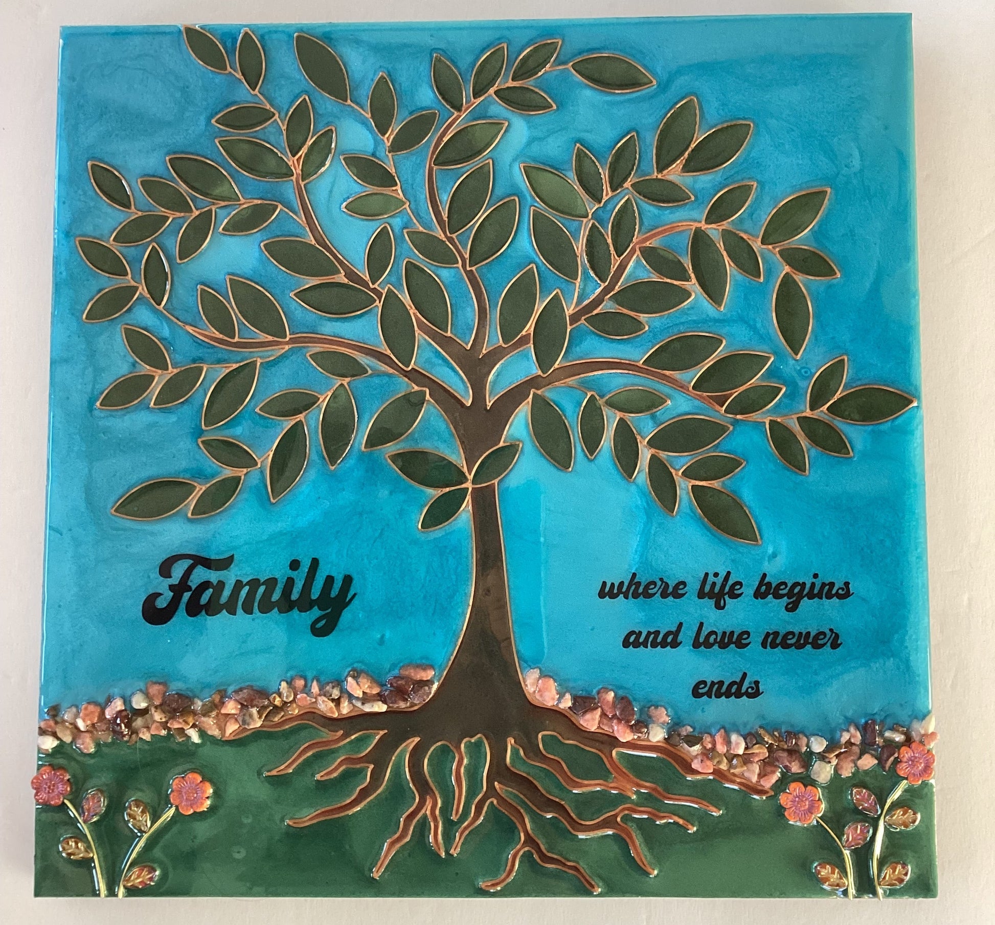 12x12 resin plaque on wood with "Family" design, Catholic Christian devotional gift by Brigitte Rosson.