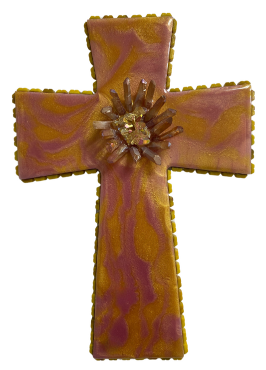 Cross Mosaic Resin Cross In Yellows And Pink With Geode In The Middle Prong Geodes 12”X8”