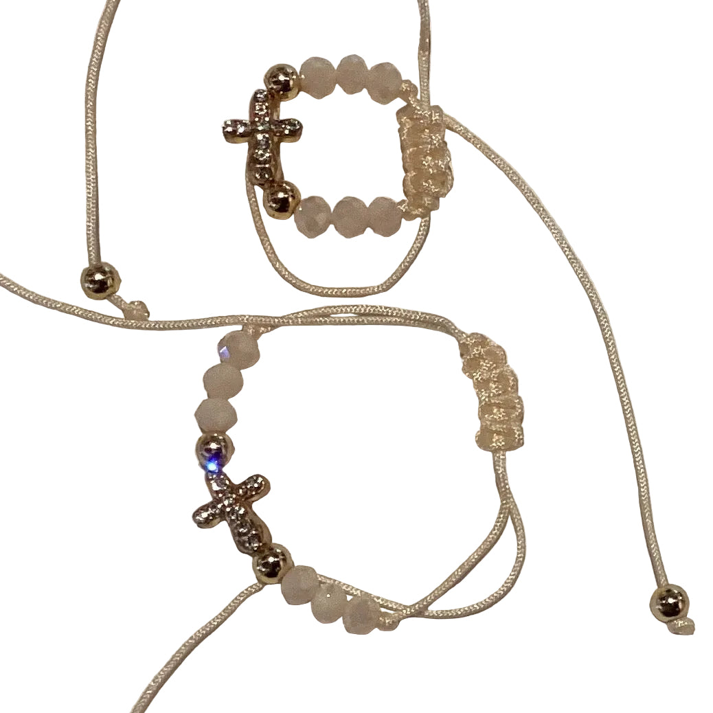 Off White Goldtone Cross adjustable bracelet from Ysleta Mission Gift Shop featuring Catholic Christian jewelry with a faith-inspired design.