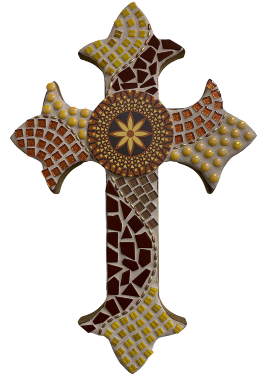 Cross Mosaic 18”X12” Fleur De Lis Wood Cross In Browns/Yellow/Light Tans 18”X12”