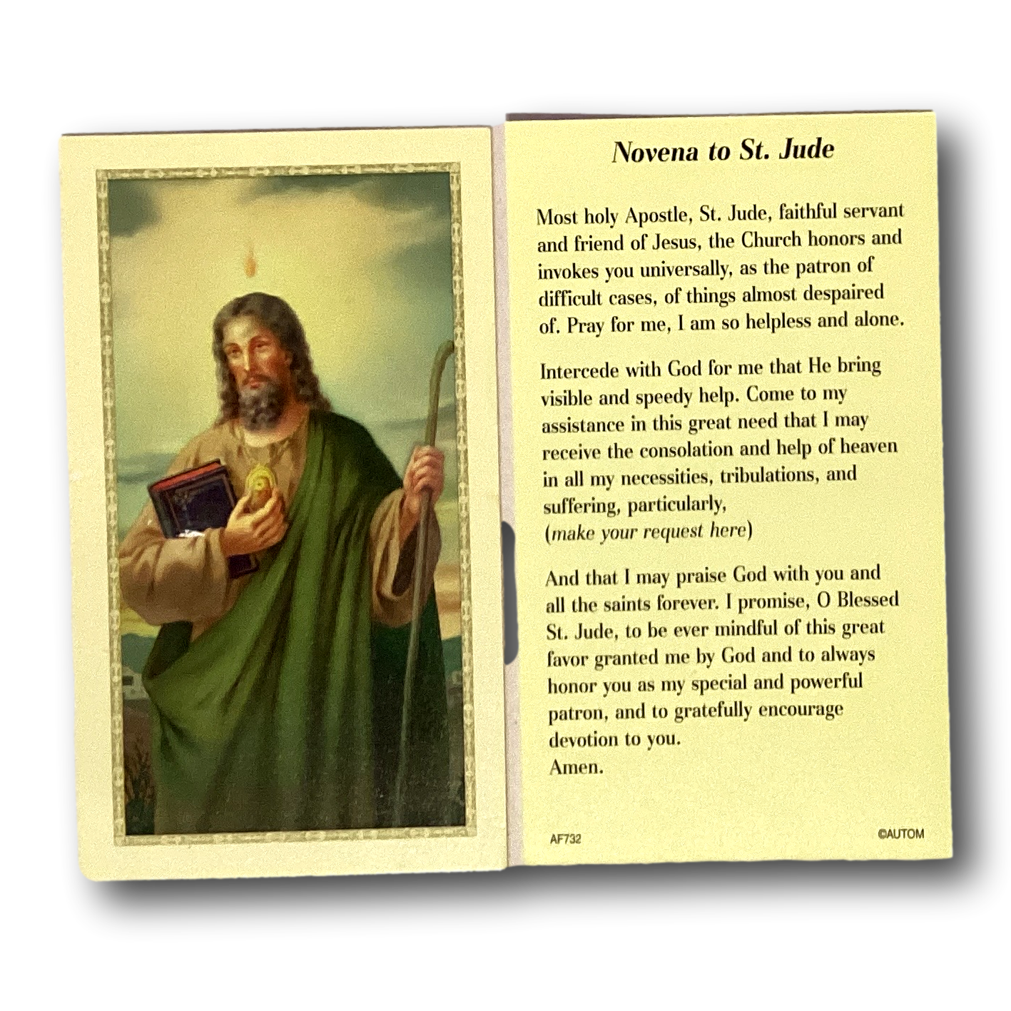 Saint Jude prayer card featuring religious artwork and prayer text, ideal for devotion and spiritual reflection.