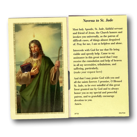Saint Jude prayer card featuring religious artwork and prayer text, ideal for devotion and spiritual reflection.