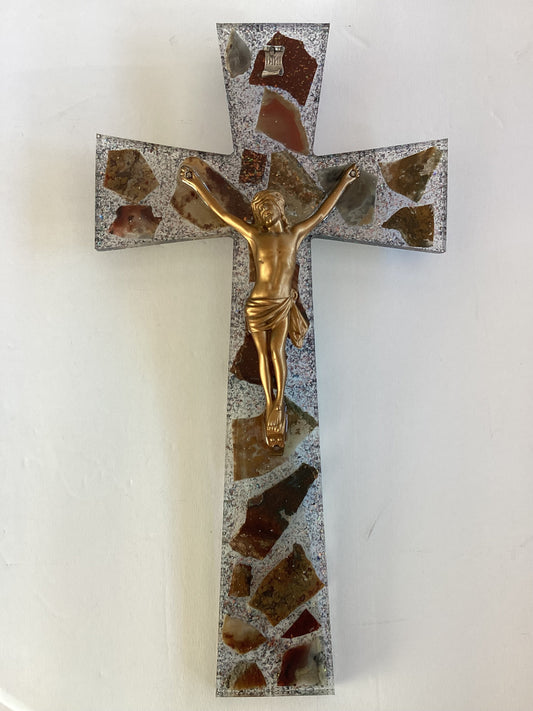 15x8 resin Catholic cross with stone inlays and gold corpus by Brigitte Rosson, Christian gift and religious decor.
