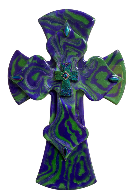Cross Mosaic Wood Layered Resin Purple Green Deco 15.5X9