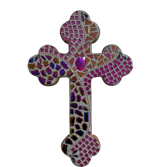 Cross Mosaic Wood Celtic Pinks Fushia Shell Middle 16X11