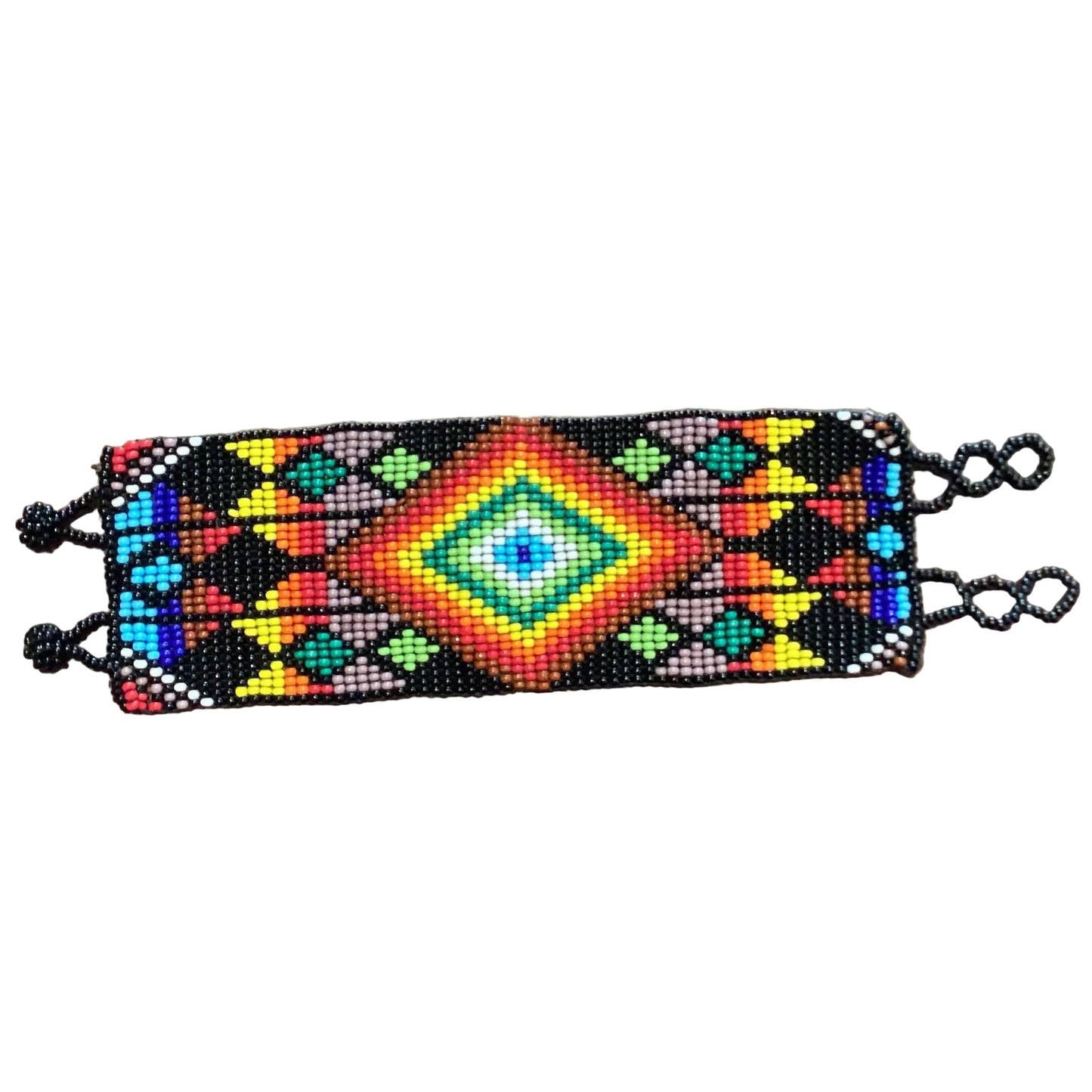 Handmade Mexican beaded wide bracelet by Jose Alberto Chavez featuring colorful intricate beadwork and traditional jewelry design.