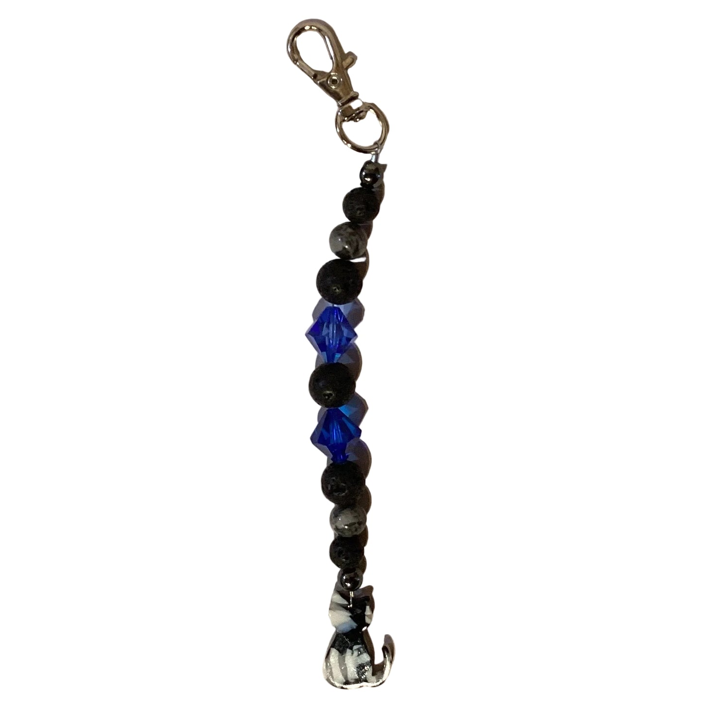 Handmade beaded keychain with glass gemstones and lava rock beads, 6 inches long, by Ysleta Mission Gift Shop.