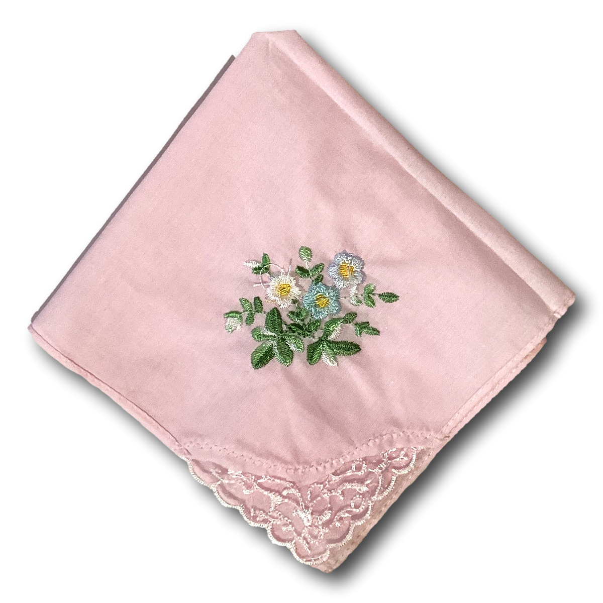 Cotton embroidered handkerchief with intricate floral designs, size 10x10 inches, ideal for home table decor and gift accents.
