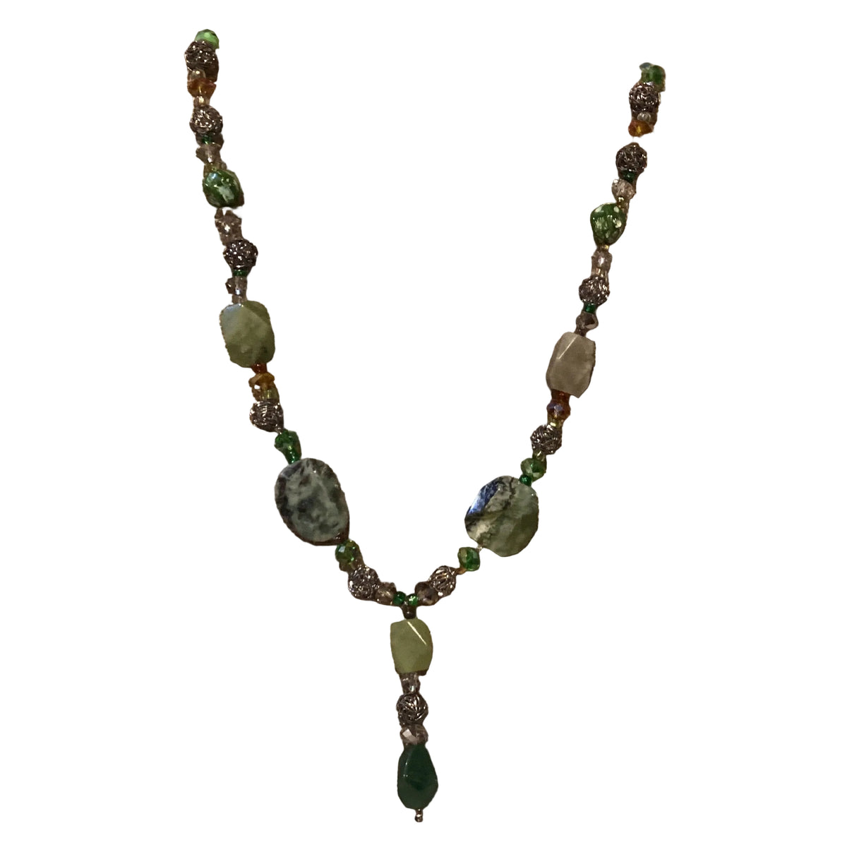 Green motif beaded necklace from Ysleta Mission Gift Shop, 16-inch jewelry with colorful, intricate bead designs.