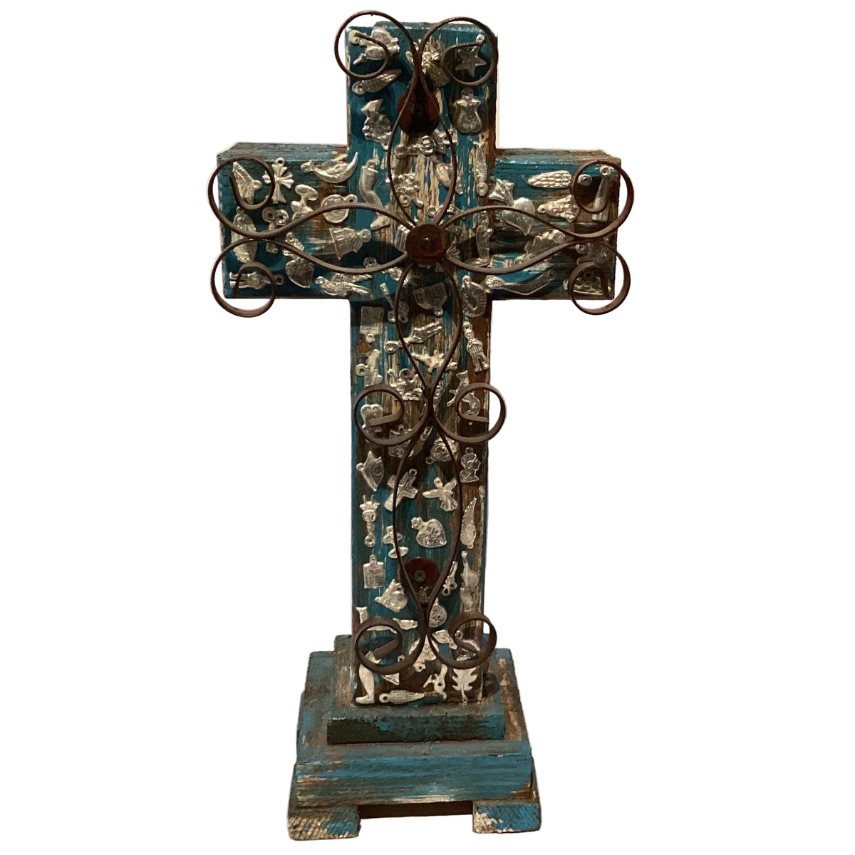 Mexican folk art Milagros cast iron and wood cross, 22 inches, Catholic Christian crucifix with intricate religious detailing