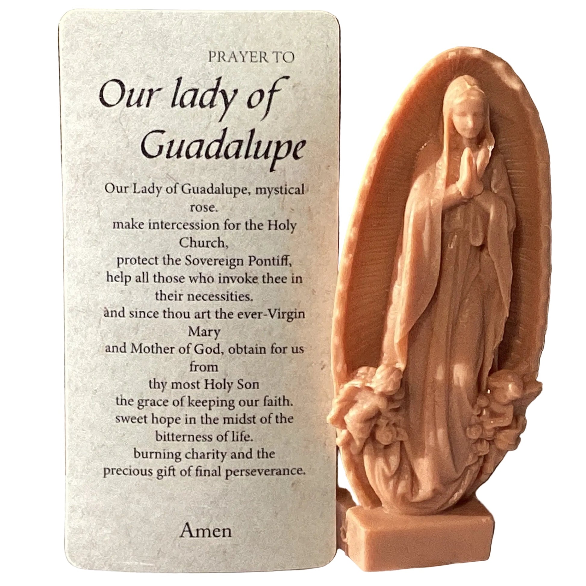 Small 3-inch Our Lady of Guadalupe Catholic figurine with prayer card, depicting the Virgin Mary in traditional attire.