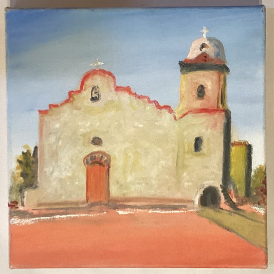 Original Ysleta Mission oil painting on canvas, 10x10 inches, depicting the historic Ysleta Mission by a local El Paso artist.