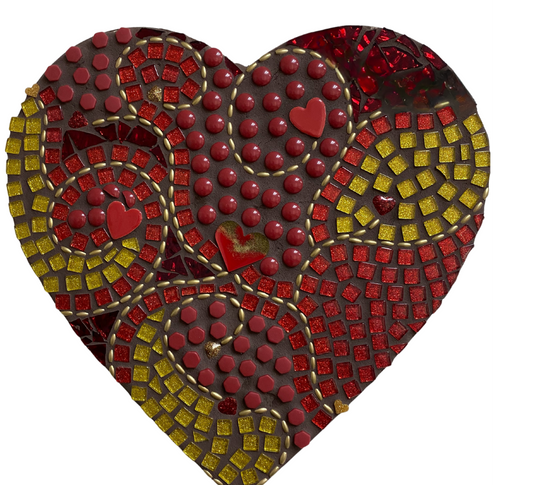 Heart Mosaic Inlaid Glass Heart In Reds/Golds With Inlaid Red Hearts 12”X11”