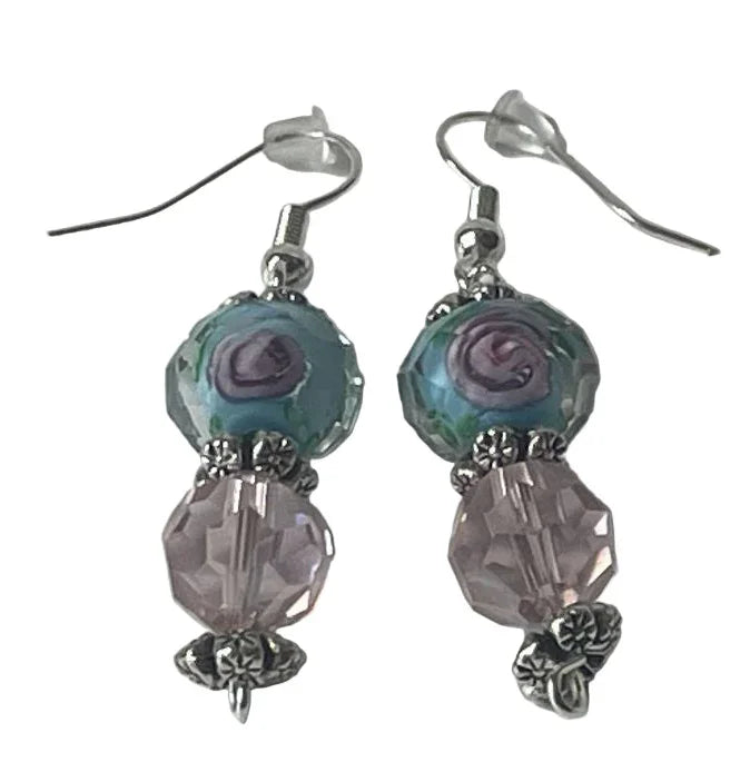 Clear pink faceted glass and turquoise bead dangle earrings by Sylvia Leroux featuring elegant jewelry and accessories design.