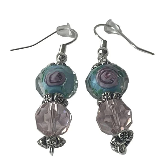 Clear pink faceted glass and turquoise bead dangle earrings by Sylvia Leroux featuring elegant jewelry and accessories design.