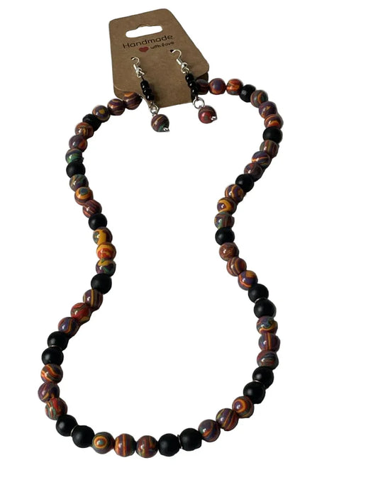 Sylvia Leroux 20-inch rainbow calsilica and black stone jewelry set with necklace and matching earrings.