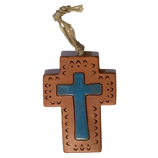 Handmade clay Christian cross ornament with detailed craftsmanship, 4-inch Catholic decor piece featuring a rustic design.