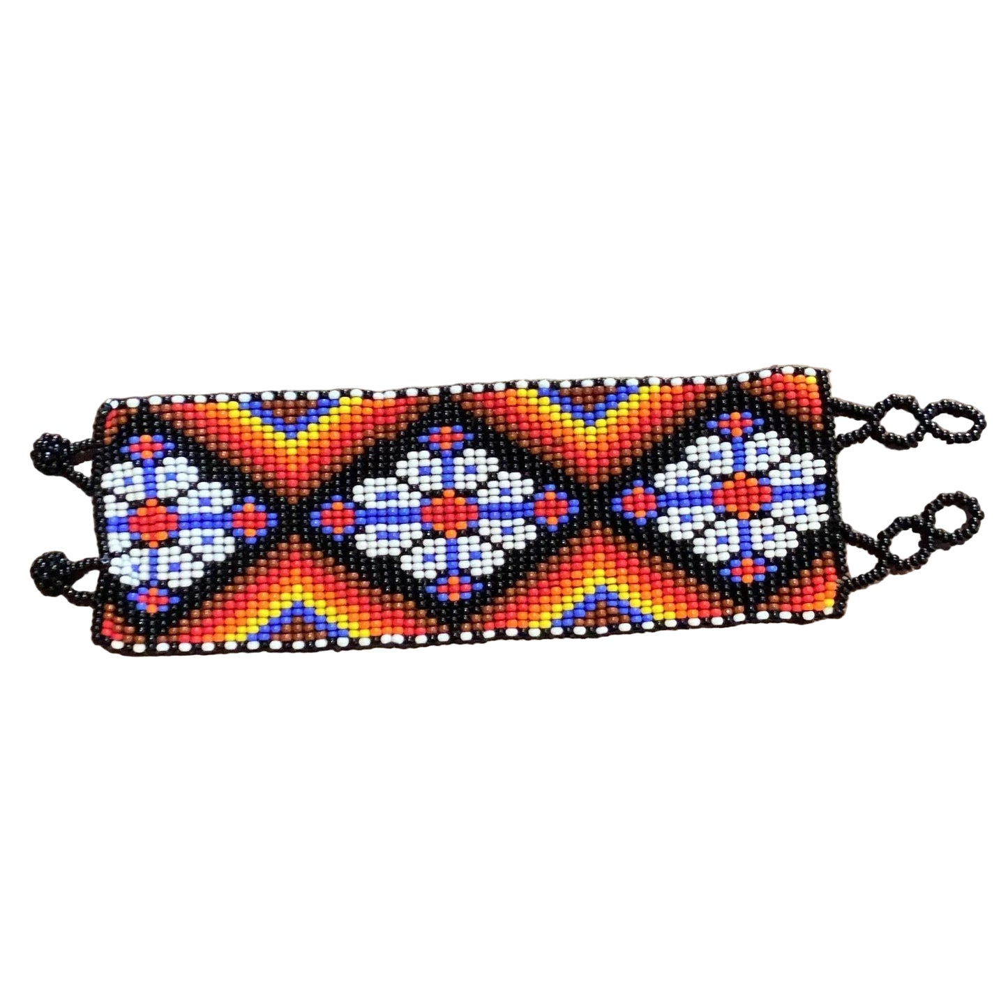 Handmade Mexican beaded wide bracelet by Jose Alberto Chavez featuring vibrant colorful beadwork and traditional craftsmanship.