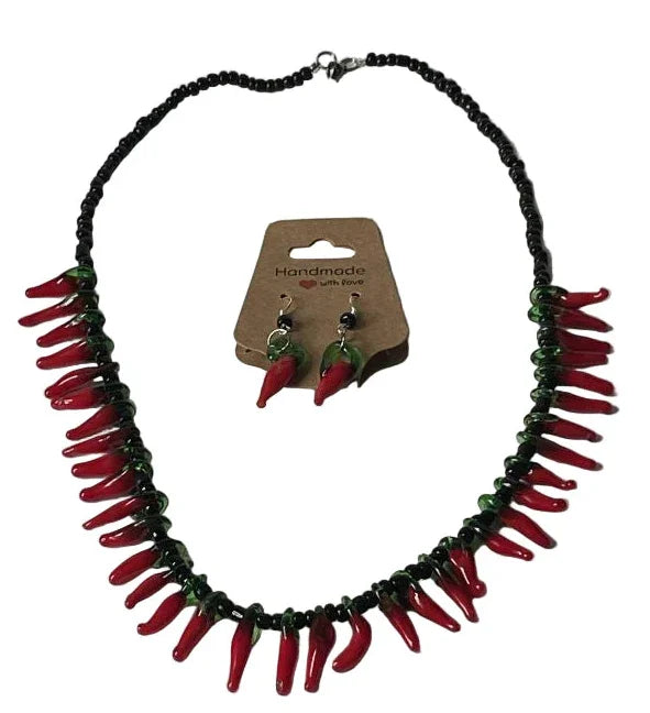 Sylvia Leroux 22-inch pulled glass chili bead necklace with matching 1-inch earrings set, vibrant jewelry and accessories set.