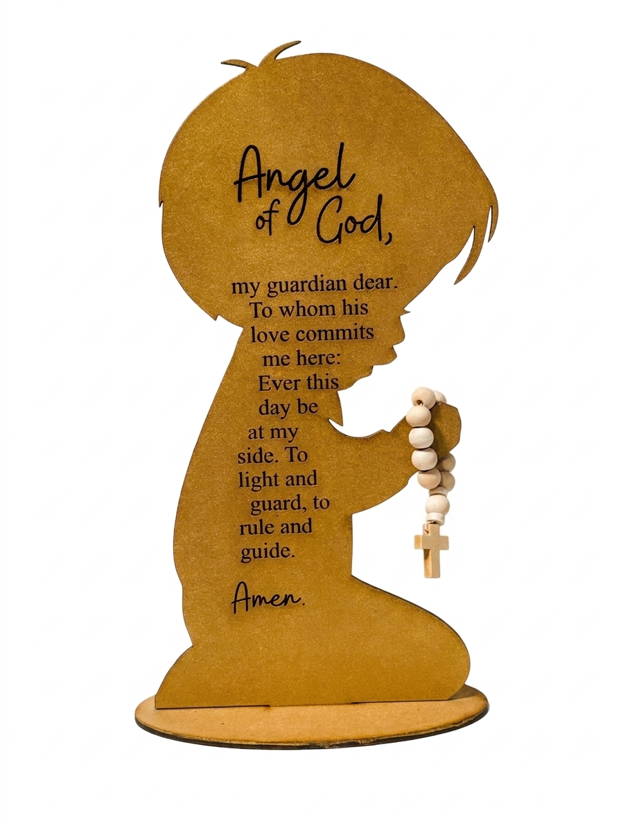 Handcrafted wooden art of praying child angel from Norma Cordova De Schaefer, 6x10 inches, Catholic Christian spiritual prayer display.