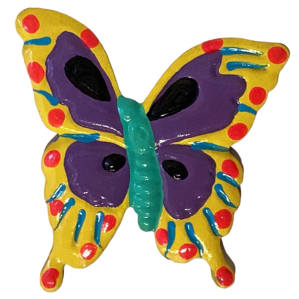 Decorative butterfly 3-inch tin magnet from Ysleta Mission Gift Shop, perfect for refrigerator or home decor.