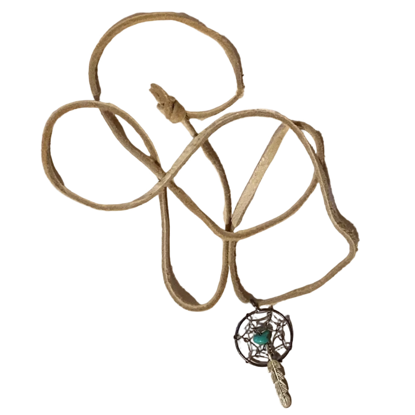 Dreamcatcher turquoise stone pendant necklace with silver-tone feather and tan suede cord, 22 inches long, by Ysleta Mission Gift Shop.