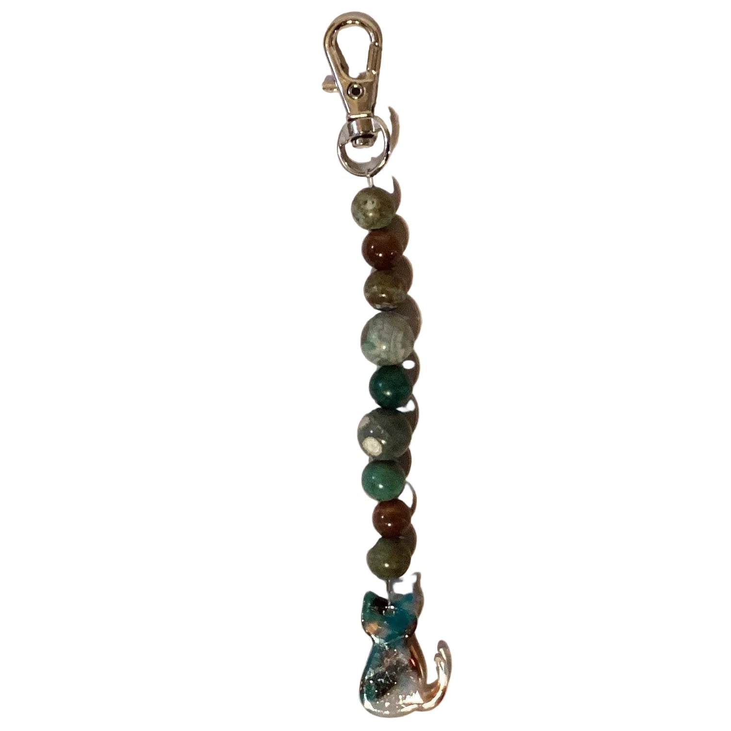 Handmade beaded keychain with glass gemstones and lava rock beads, 6 inches long, from Ysleta Mission Gift Shop.