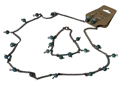 24-inch rainbow chain blue howlite beaded necklace set with matching earrings by Sylvia Leroux, featuring vibrant blue gemstone beads.