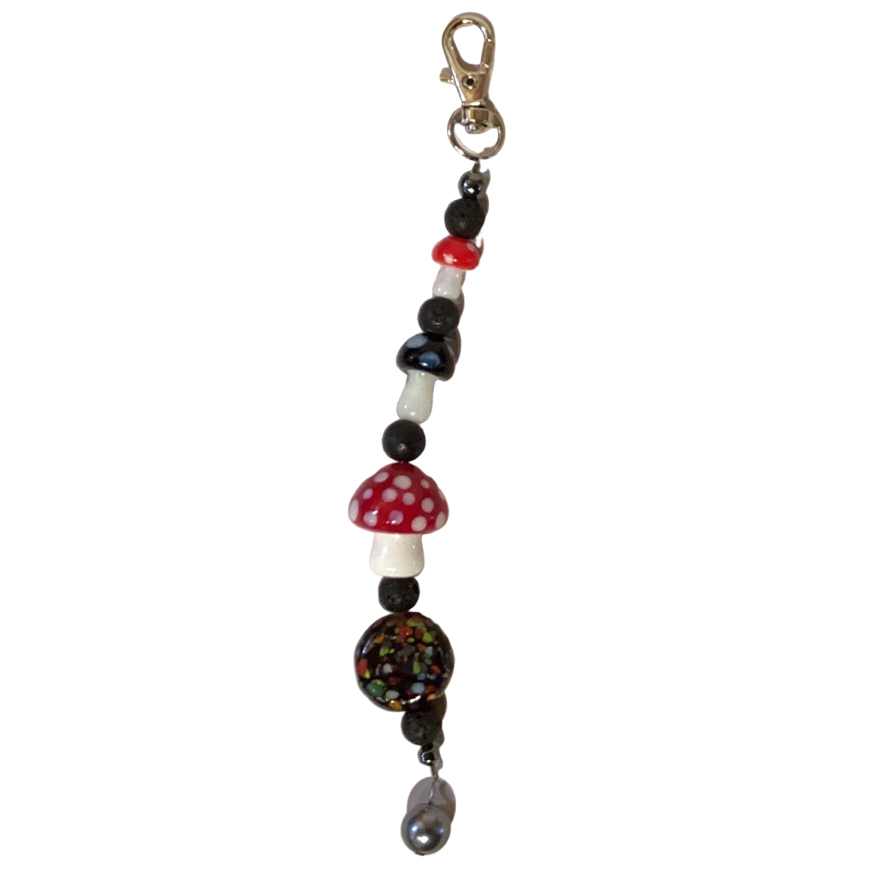 Handmade beaded keychain with glass gemstones and lava rock beads, 6 inches long, by Ysleta Mission Gift Shop.