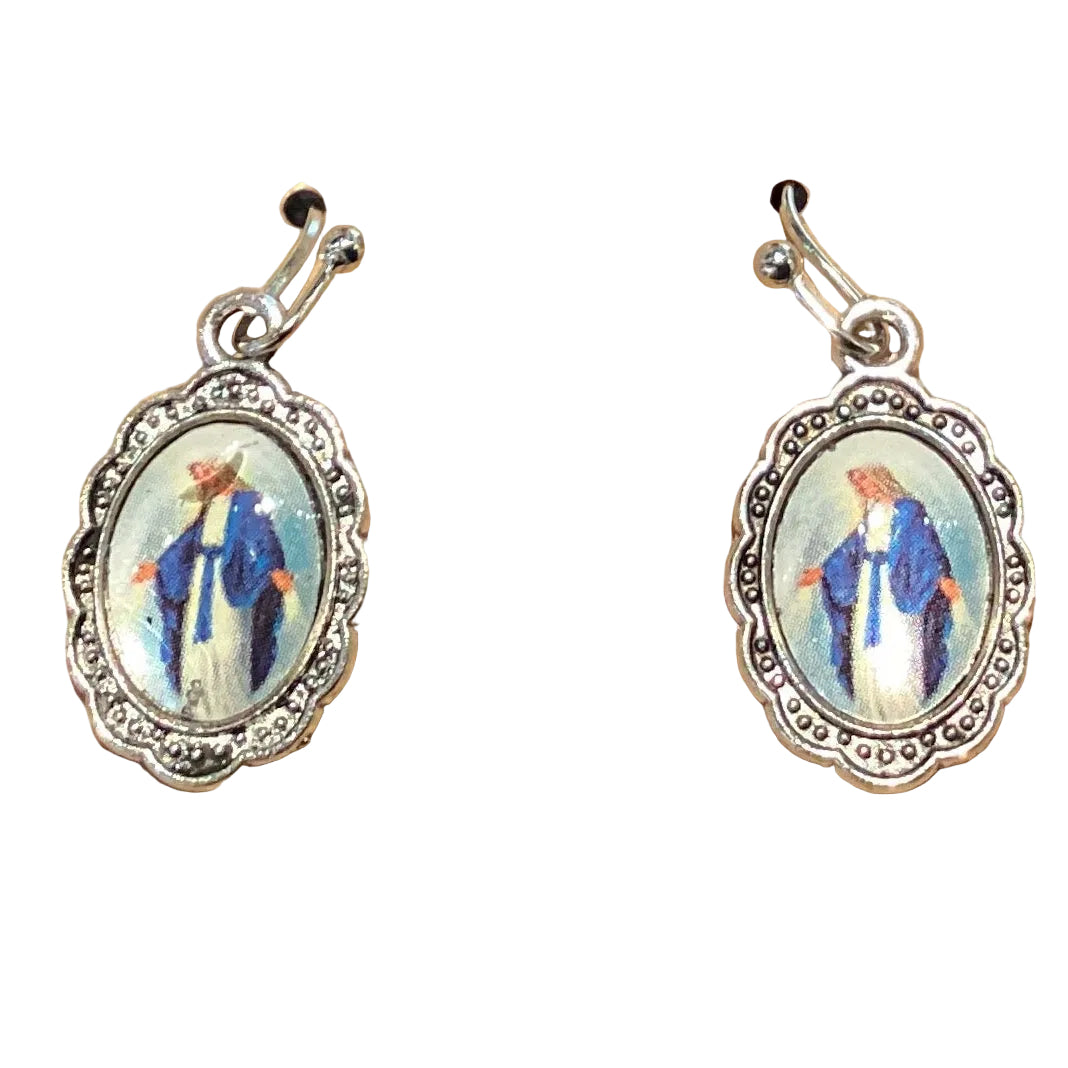 Silver Catholic dangle earrings featuring faith-inspired Christian symbols, perfect for devotional jewelry and religious accessories.