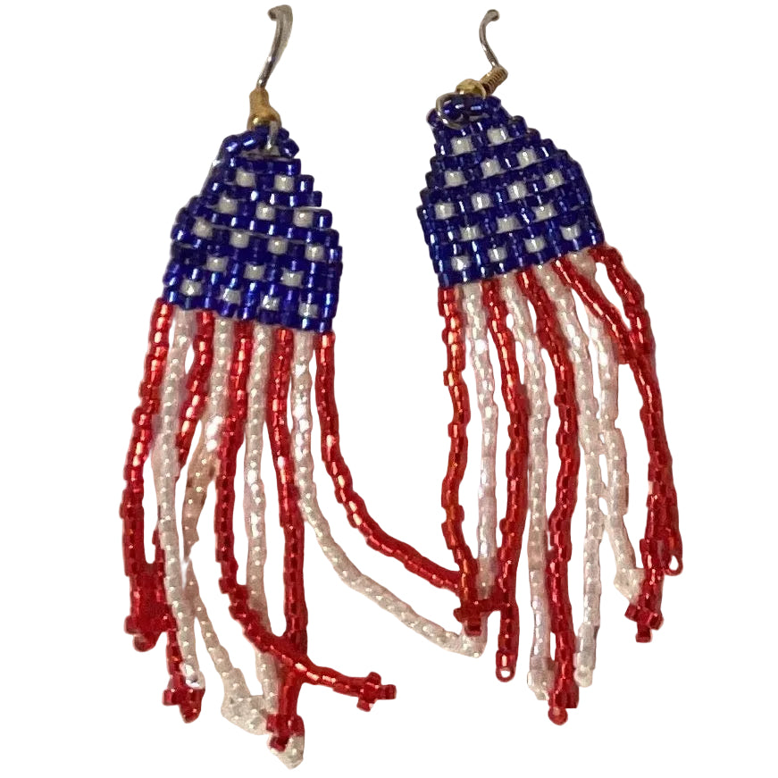 Beaded American flag cross earrings from Ysleta Mission Gift Shop, patriotic jewelry with red, white, blue beads and cross design.