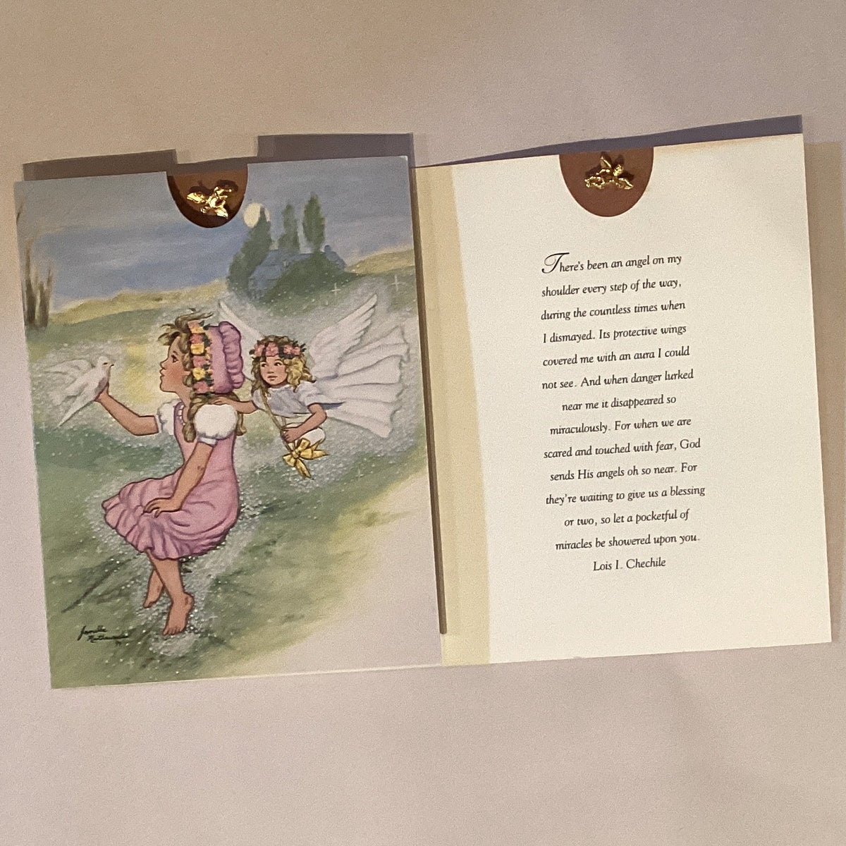 Catholic guardian angel notecard with an angel pin, featuring religious Christian greeting card design and keepsake angel pin.