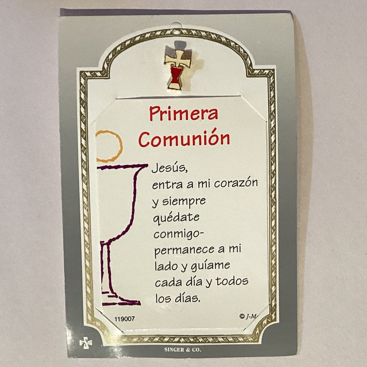 First Communion and Confirmation prayer card with Catholic lapel pin, featuring religious symbols and Christian jewelry details.