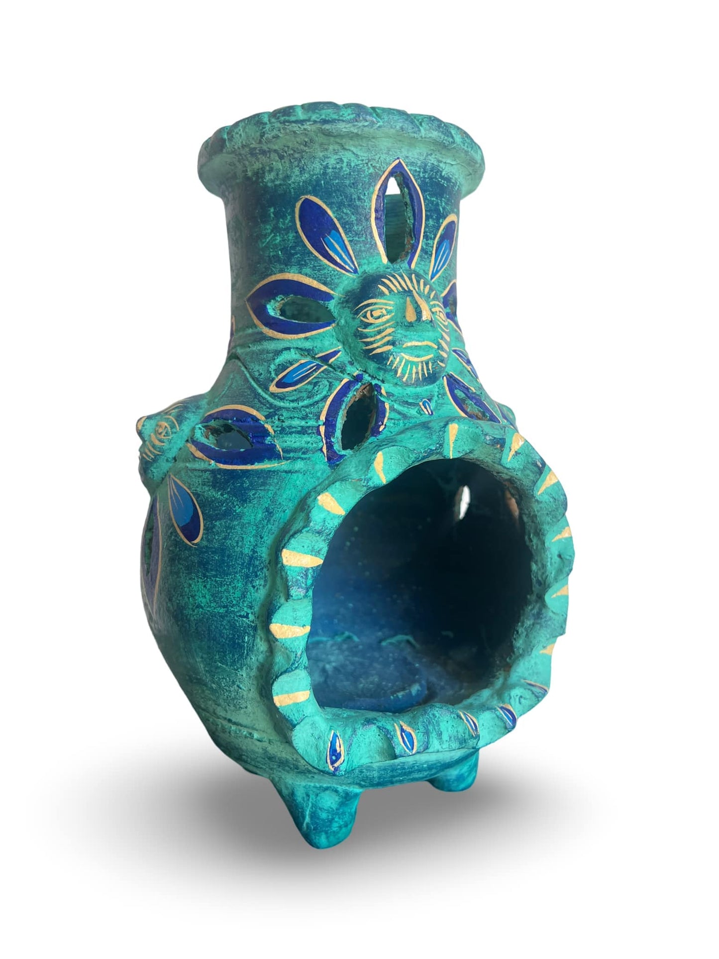 Clay Sun-Decorated Tabletop Chiminea – 6" x 12" Handcrafted in Mexico