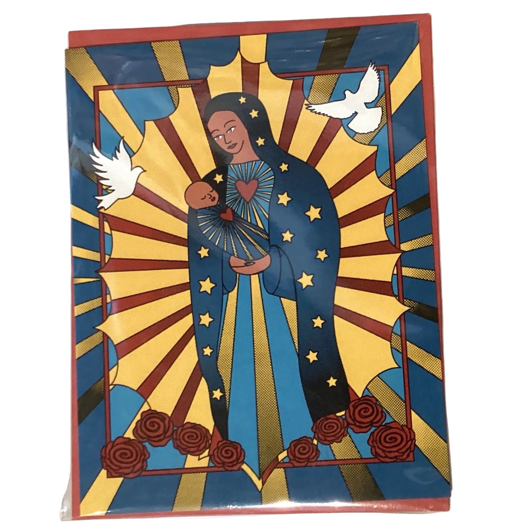 Virgin Mary note card by Vanessa Clark with blank inside and envelope, featuring religious souvenir design.