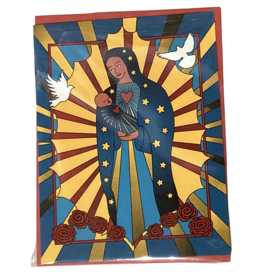 Virgin Mary note card by Vanessa Clark with blank inside and envelope, featuring religious souvenir design.