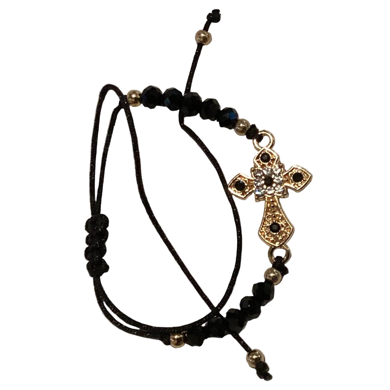 Black beaded cross bracelet with adjustable nylon band, Catholic Christian jewelry piece featuring religious symbolism.