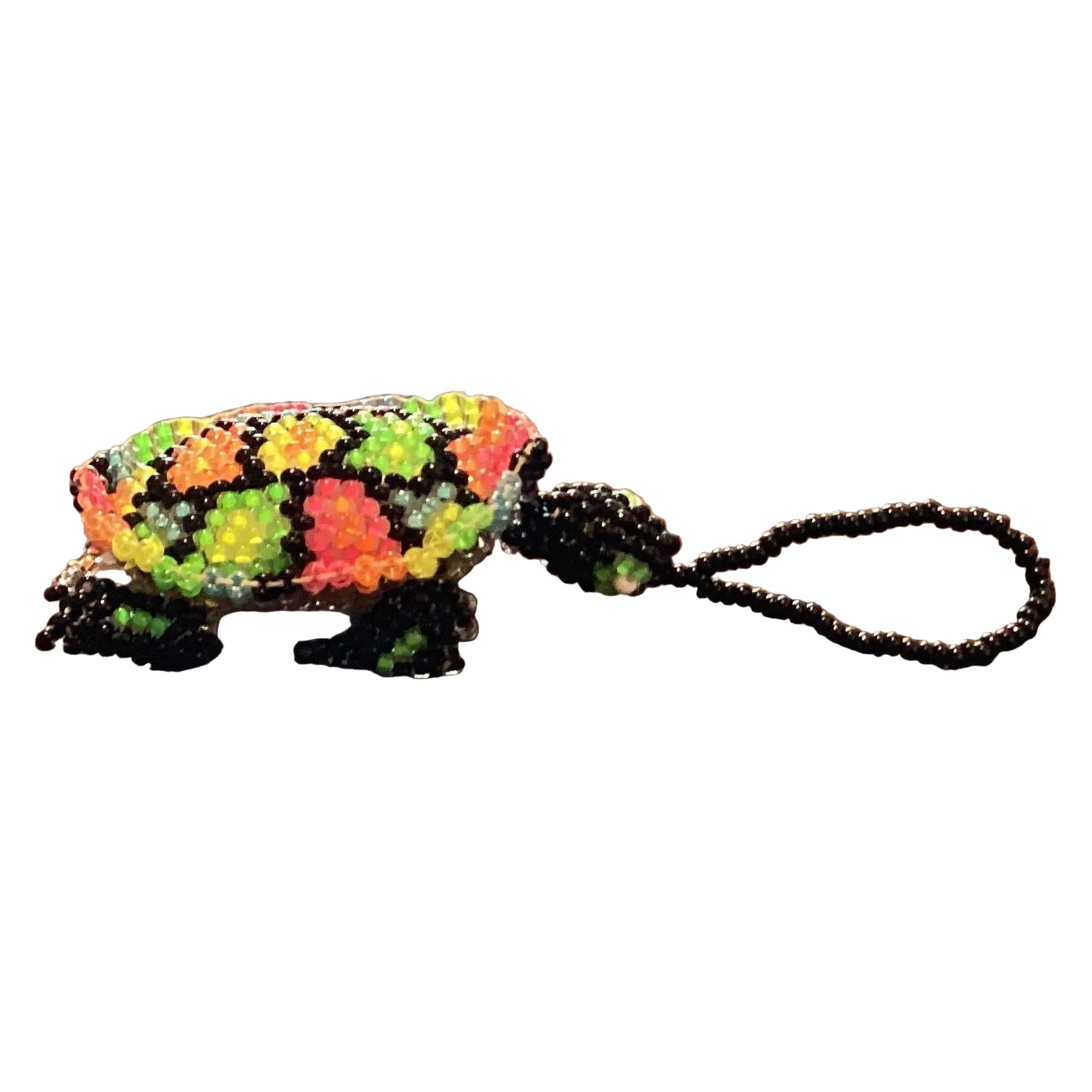 Handmade Mexican beaded turtle ornament by Jose Alberto Chavez, featuring intricate seed bead design for bag accessory decoration.