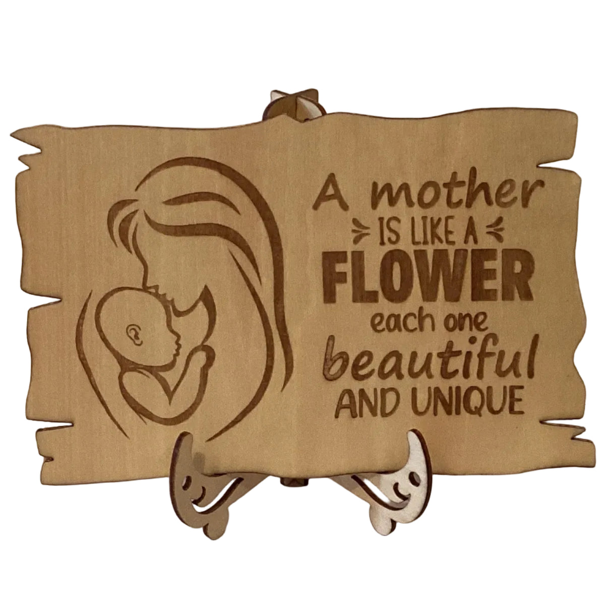 Wood-burned mother appreciation plaque with easel from Ysleta Mission Gift Shop, featuring detailed handcrafted design.