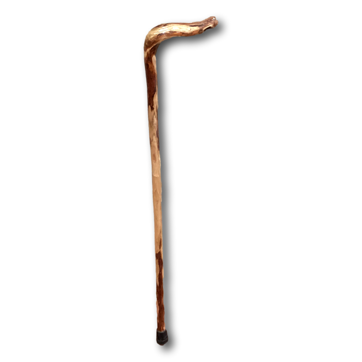 Hand-carved New Mexico walking stick cane from Ysleta Mission Gift Shop, featuring intricate designs and a natural wood finish.