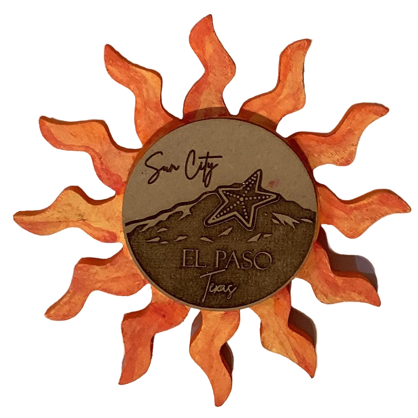 Sun City El Paso Star Mountain 6-inch wall decor ornament featuring a star and mountain design, from Ysleta Mission Gift Shop.