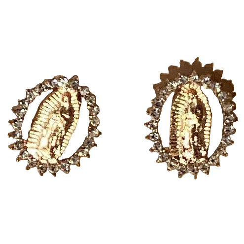 Gold tone religious earrings featuring intricate designs, jewelry accessories from Ysleta Mission Gift Shop.