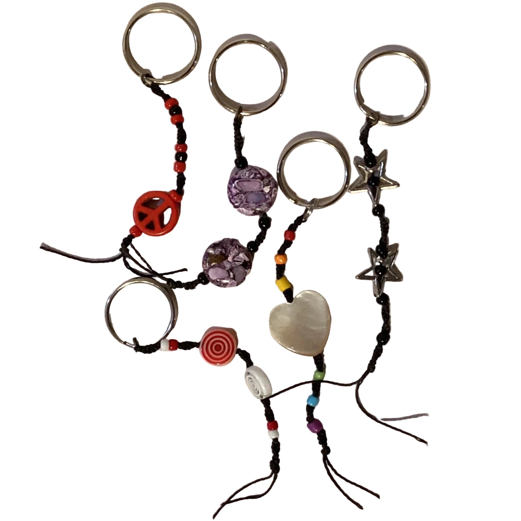 Handmade beaded zipper pull with mixed glass and stone beads, 3-inch length, featuring colorful beadwork for bag accessories.