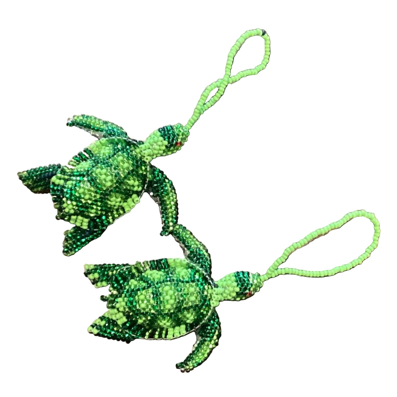 Handmade Mexican beaded turtle ornament by Jose Alberto Chavez, featuring intricate seed bead design, suitable as a bag accessory.