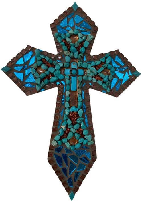 Turquoise Mosaic Wooden Cross with Center Cross & Gemstones – 16"x11"