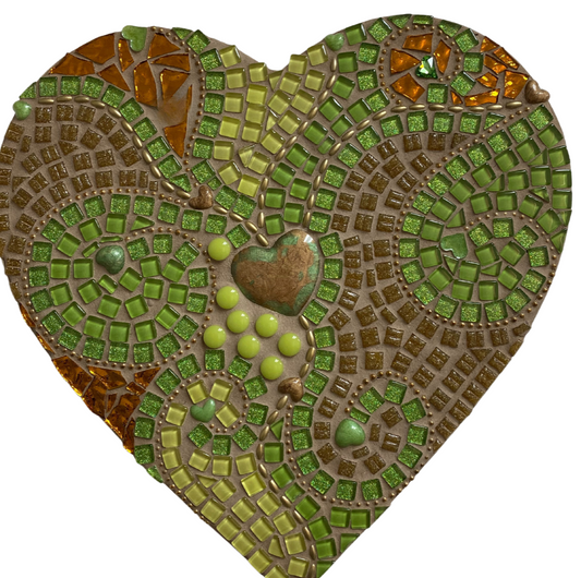 Heart Resin Mosaic Wood Heart Gold Greens Inlaid Glass 12.5X11.5