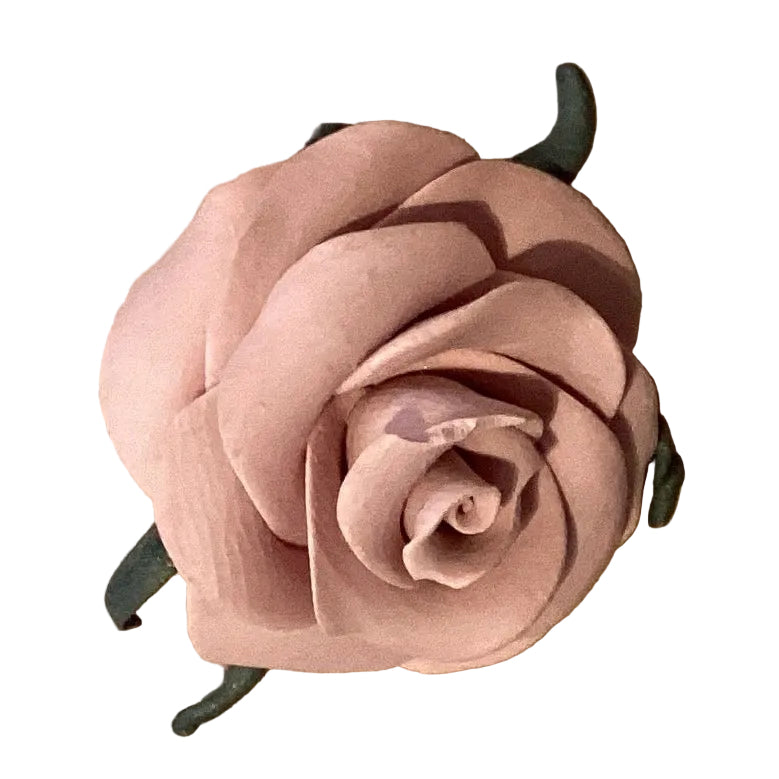 Pink handmade clay rose brooch, Catholic Christian jewelry accessory, featuring detailed craftsmanship and vibrant color.