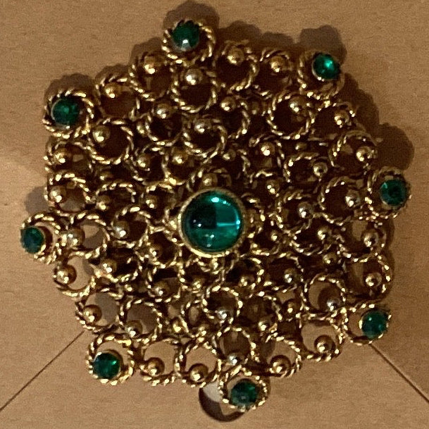 Emerald goldtone Catholic brooch with Christian symbol, 2.75 inches, jewelry gift from Ysleta Mission Gift Shop