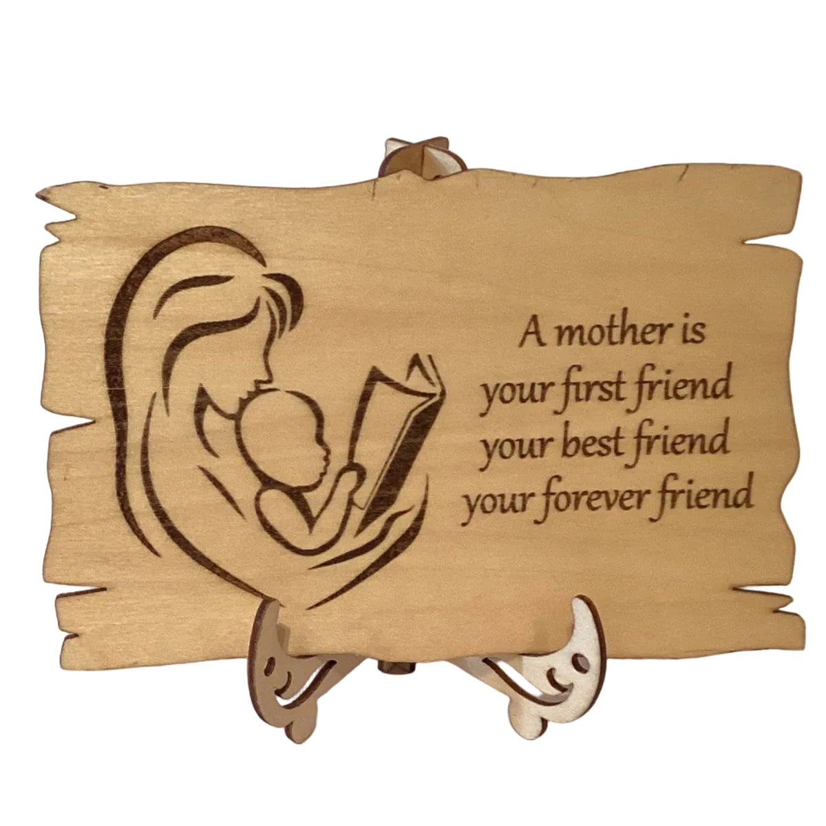 Wood burned mother appreciation plaque with easel, 4-inch size, handcrafted by Ysleta Mission Gift Shop featuring heartfelt design.