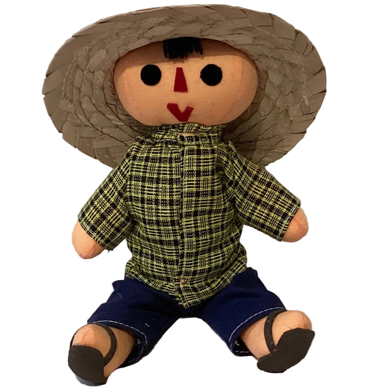Handcrafted Mexican Pedro Boy doll by Jose Alberto Chavez, traditional rag doll with colorful clothing and posable limbs.